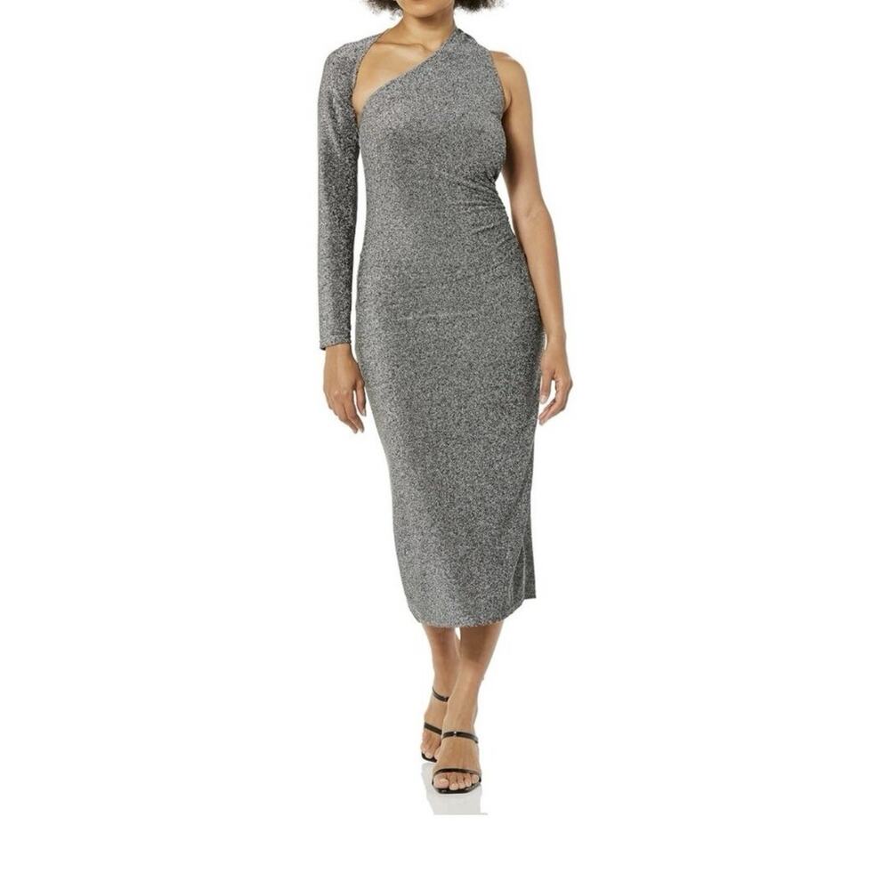 TEREA By Andrea Pitter Silver Women's Nola 1-Shoulder Metallic Midi Dress Large